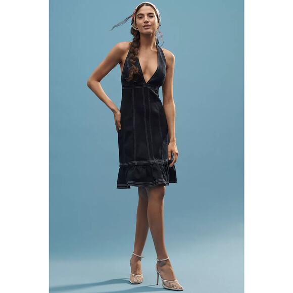 NWT Anthropologie Pilcro Halter Deep-V Seamed Open-Back Mini Dress $158 X-LARGE - Picture 1 of 5
